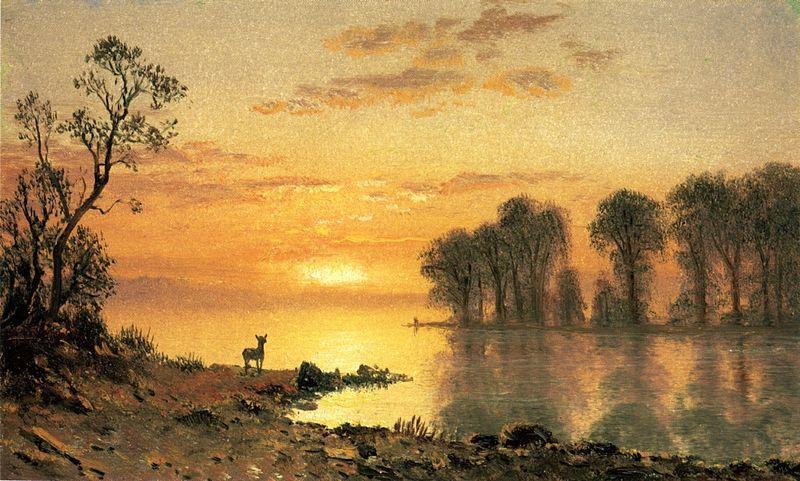 Albert Bierstadt Sunset, Deer and River oil painting image
